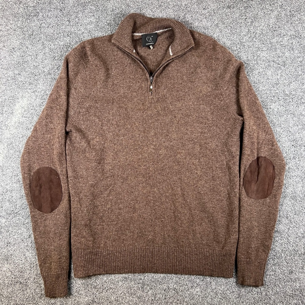 Qi Cashmere Sweater Mens M Brown 100% Cashmere 1/4 Zip Elbow Pads Pullover